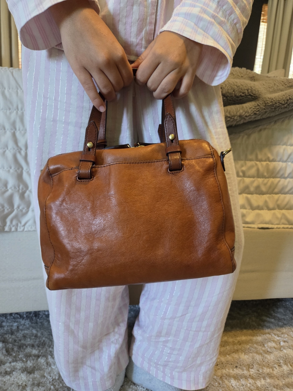 Fossil Cognac Leather Satchel with Key Charm - Picture 16 of 16